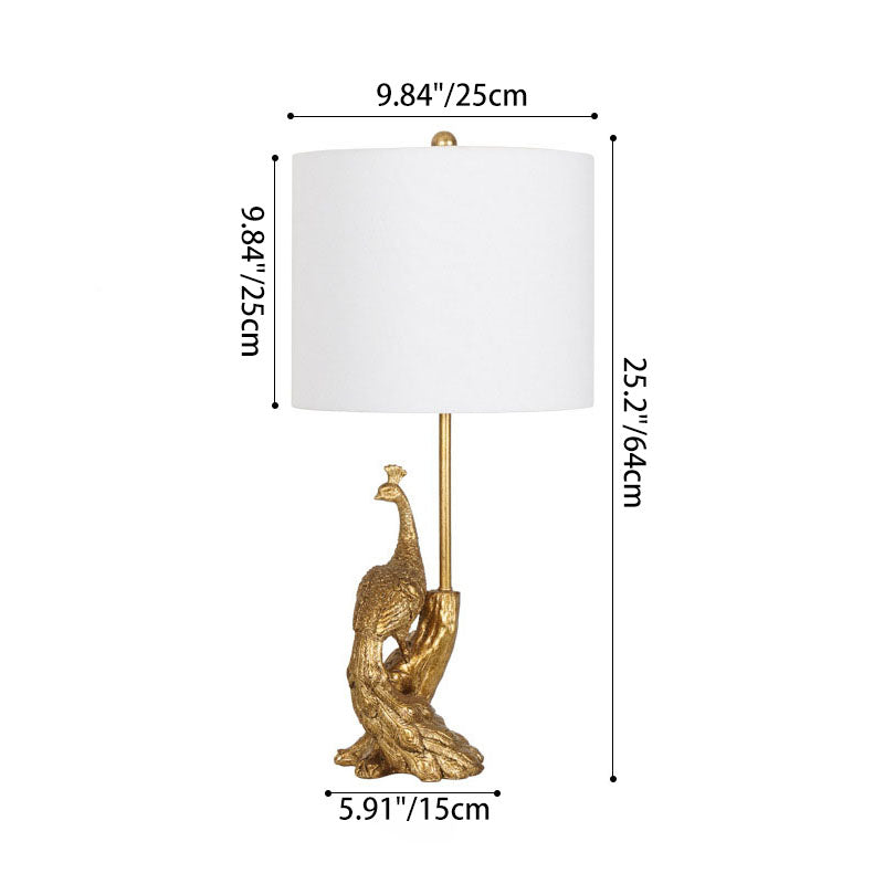 Traditional Vintage Cylindrical Peacock Resin Gold Foil Fabric 1-Light Table Lamp For Bedroom