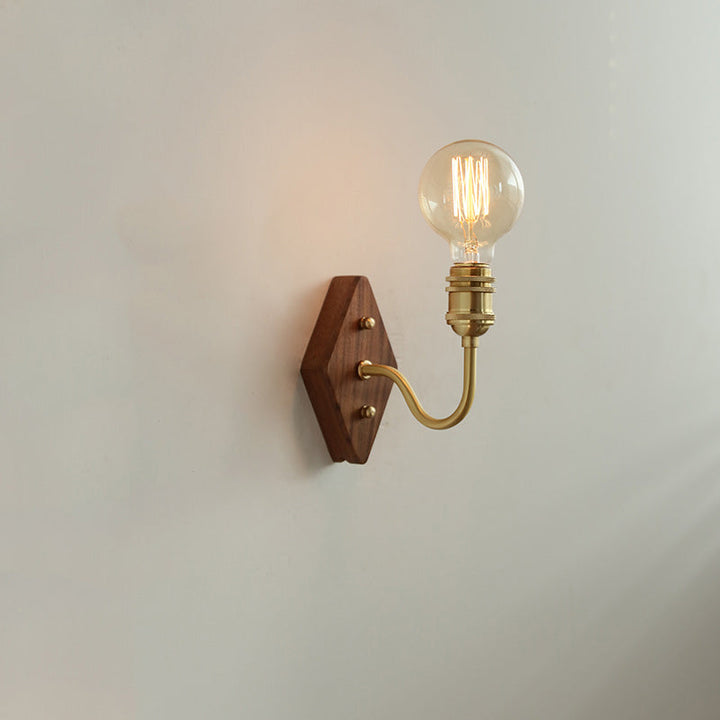 Lámpara de Aplique de Pared de 1 Luz de Madera y Latón con Poste Curvado de Diamante Retro Contemporáneo para Dormitorio 