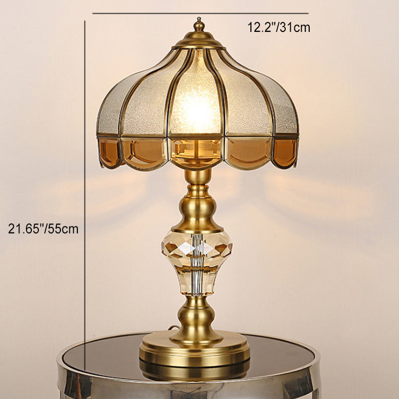 Lámpara de mesa de 1 luz con vidrio de cristal de cobre y paraguas de lujo contemporáneo para dormitorio 