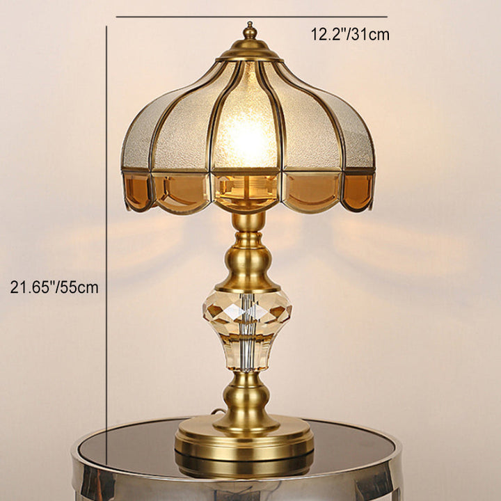 Lámpara de mesa de 1 luz con vidrio de cristal de cobre y paraguas de lujo contemporáneo para dormitorio 