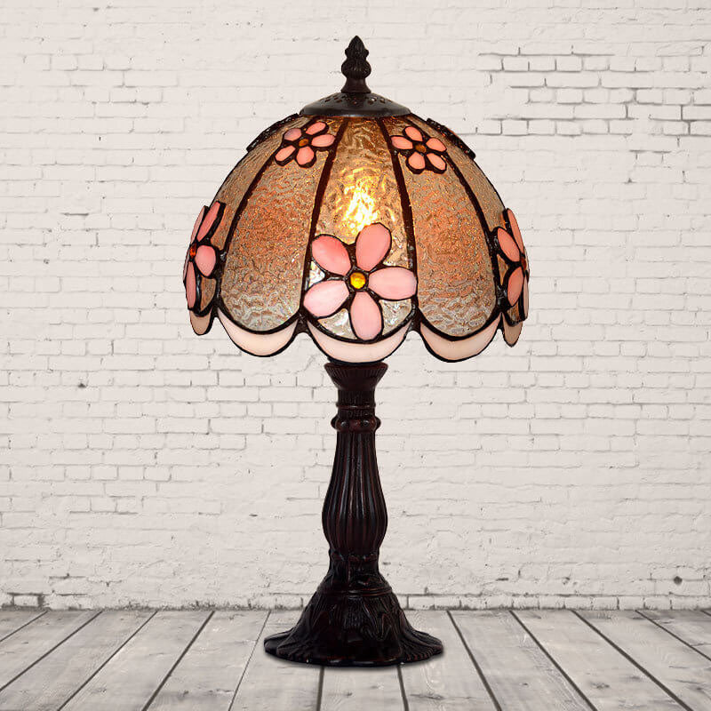 Tiffany Plum Flower Stained Glass Dome Metal Base 1-Light Table Lamp