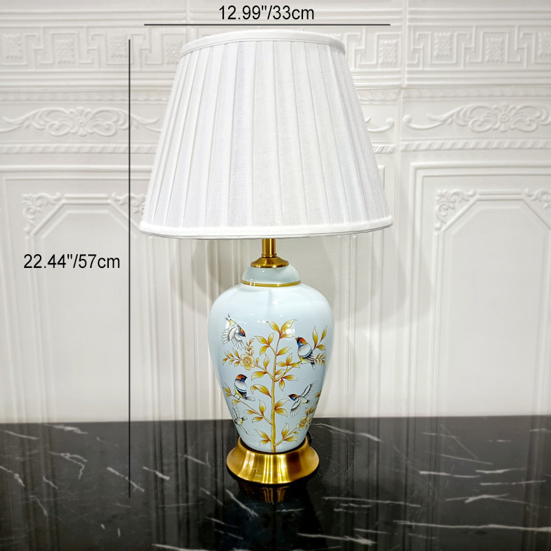 Lampe de table en céramique traditionnelle chinoise avec cylindre, oiseau et fleur, 1 lumière pour chambre à coucher 