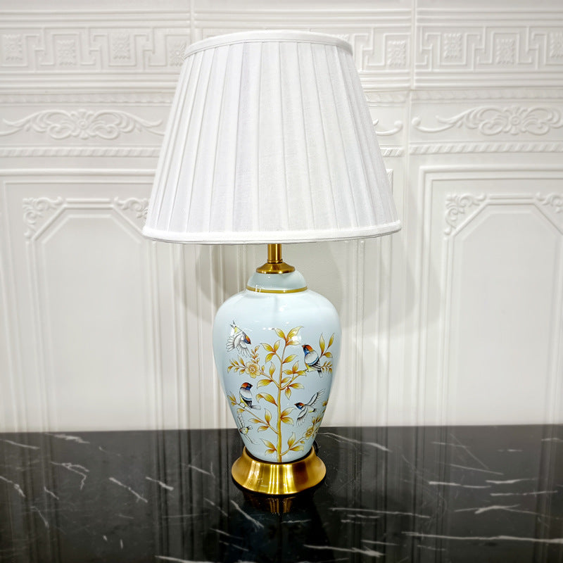 Lampe de table en céramique traditionnelle chinoise avec cylindre, oiseau et fleur, 1 lumière pour chambre à coucher 