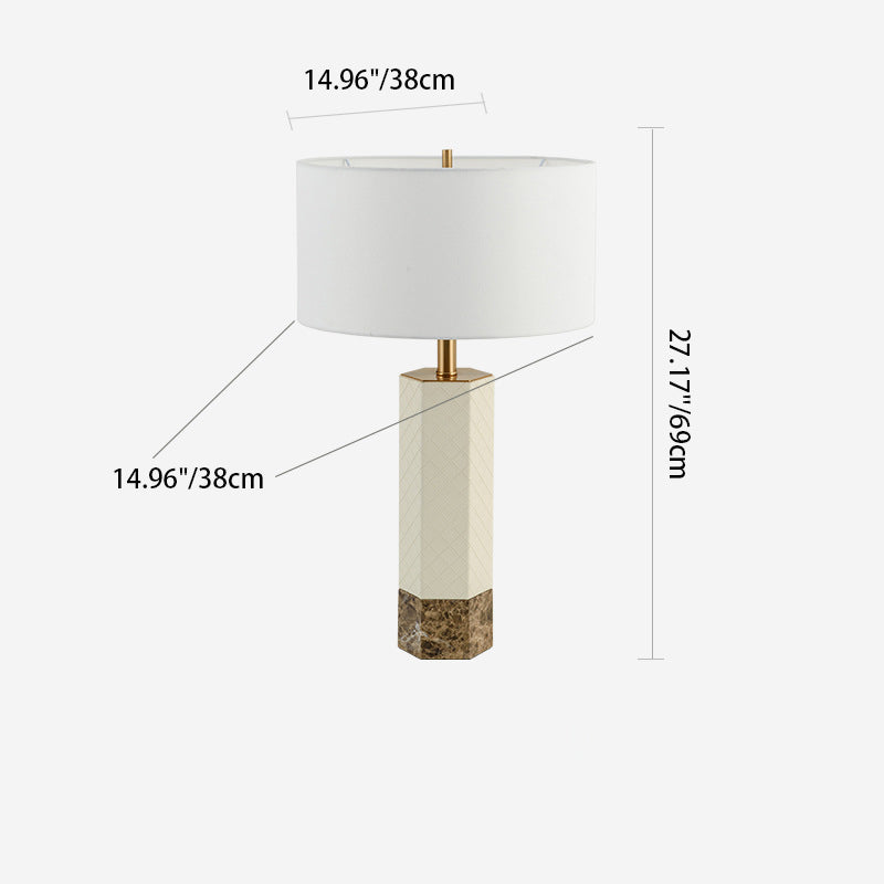 Moderne minimalistische sechseckige Säule rund Marmor Leder Stoff 1-Licht Tischlampe für Schlafzimmer 