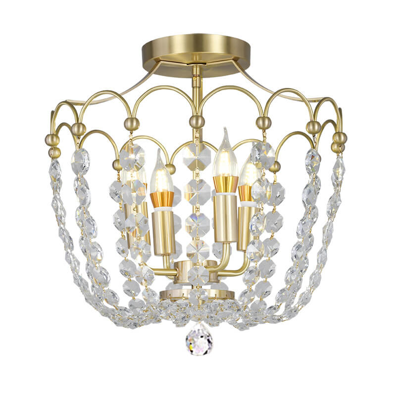 Europäisches leichtes Luxus-Kupferkristall-String 4-Licht Semi-Flush-Mount-Deckenleuchte 