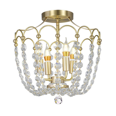 European Light Luxury Copper Crystal String 4-Light Semi-Flush Mount Ceiling Light