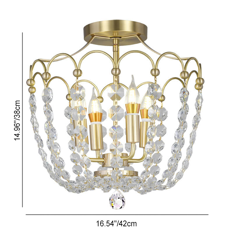 European Light Luxury Copper Crystal String 4-Light Semi-Flush Mount Ceiling Light