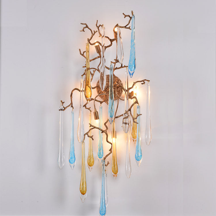 Lámpara de Aplique de Pared de 6 Luces de Cristal de Cobre Completo con Gotas de Agua en Rama de Árbol Art Deco Moderna para Sala de Estar 