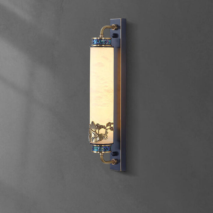 Traditional Chinese Marble Copper Column Brass LED Wall Sconce Lamp for Living Room