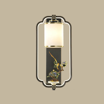 Traditional Chinese Jade Copper Square Oval 1- Light Wall Sconce Lamp For Living Room