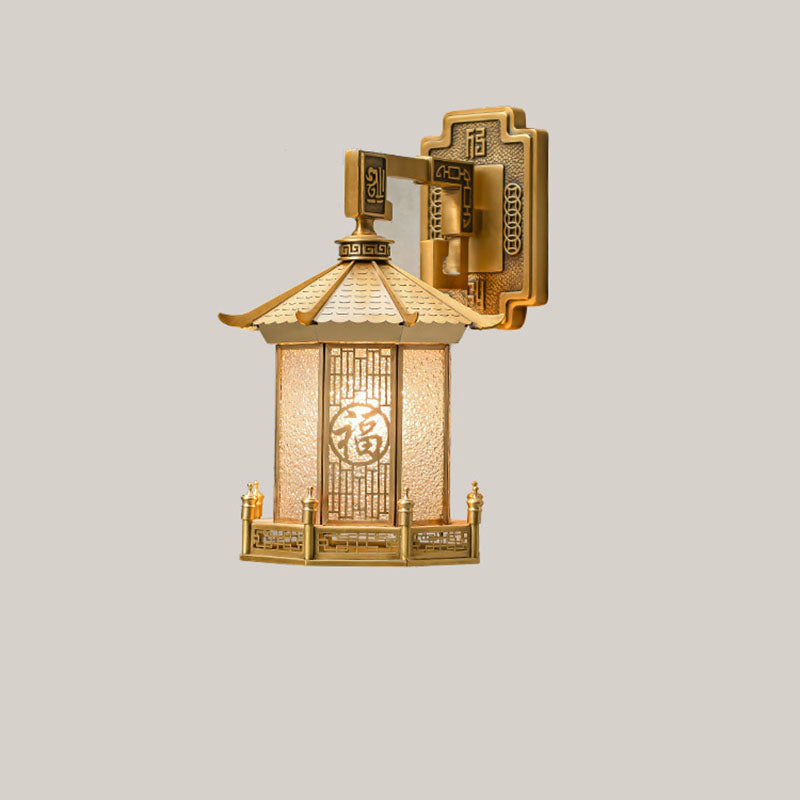Lámpara de Aplique de Pared de 1 Luz en Forma de Cono de Cilindro de Vidrio de Acero Inoxidable de Latón Impermeable Tradicional Chino para Patio Exterior 
