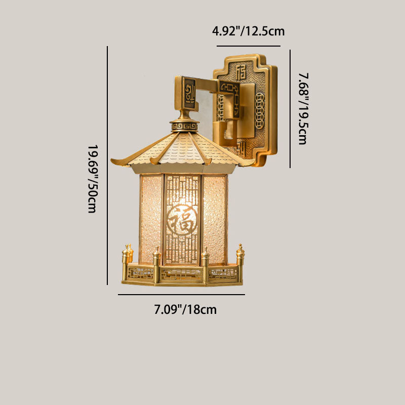 Lámpara de Aplique de Pared de 1 Luz en Forma de Cono de Cilindro de Vidrio de Acero Inoxidable de Latón Impermeable Tradicional Chino para Patio Exterior 