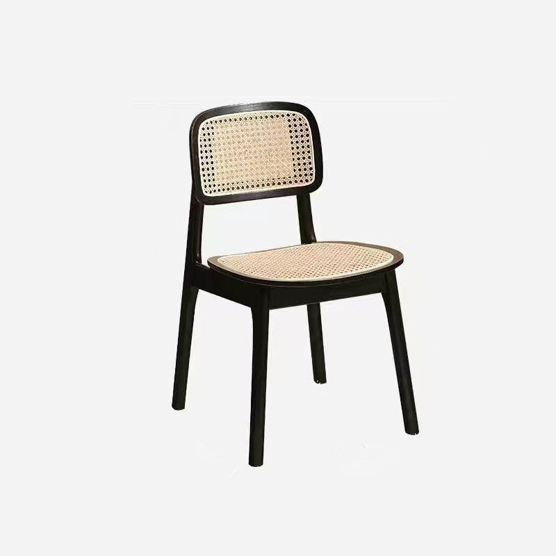 Moderner minimalistischer Esszimmerstuhl aus PET-Rattan und Kautschukholz mit quadratischer Rückenlehne 