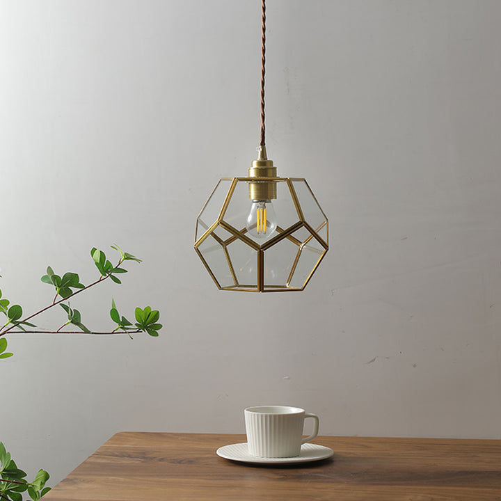 Contemporary Nordic Polygonal Clear Glass Brass Iron 1-Light Pendant Light for Living Room
