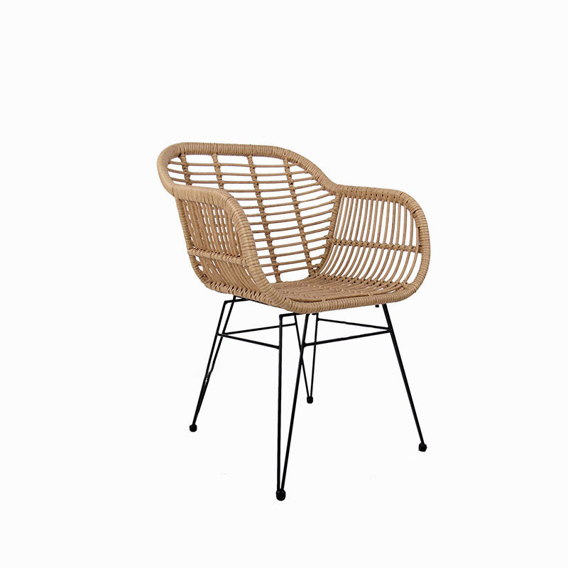 Chaise à dossier et accoudoirs en rotin tissé traditionnel avec base en fer pour terrasse extérieure 
