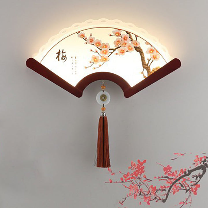 Aplique de pared LED con pantalla de elementos de planta acrílicos festoneados tradicionales chinos y borde de madera para sala de estar 