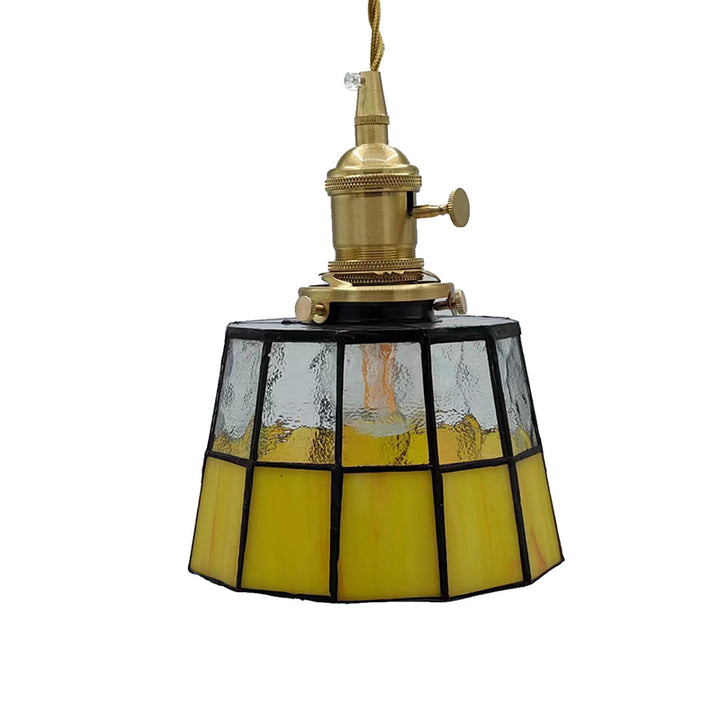 Lustre suspendu traditionnel vintage en laiton, verre, cylindre quadripartite, corne, treillis, à 1 lumière pour salle à manger 