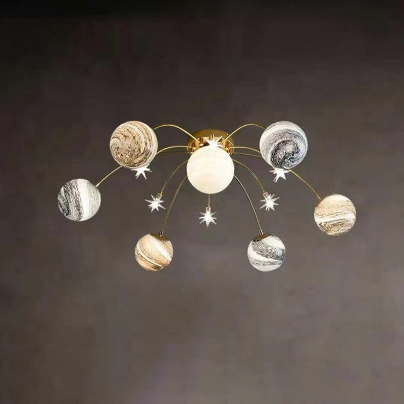 Contemporain Nordic Kids Fer Verre Balle Terre Planète 13-Lumières Semi-Plafonnier pour Chambre 