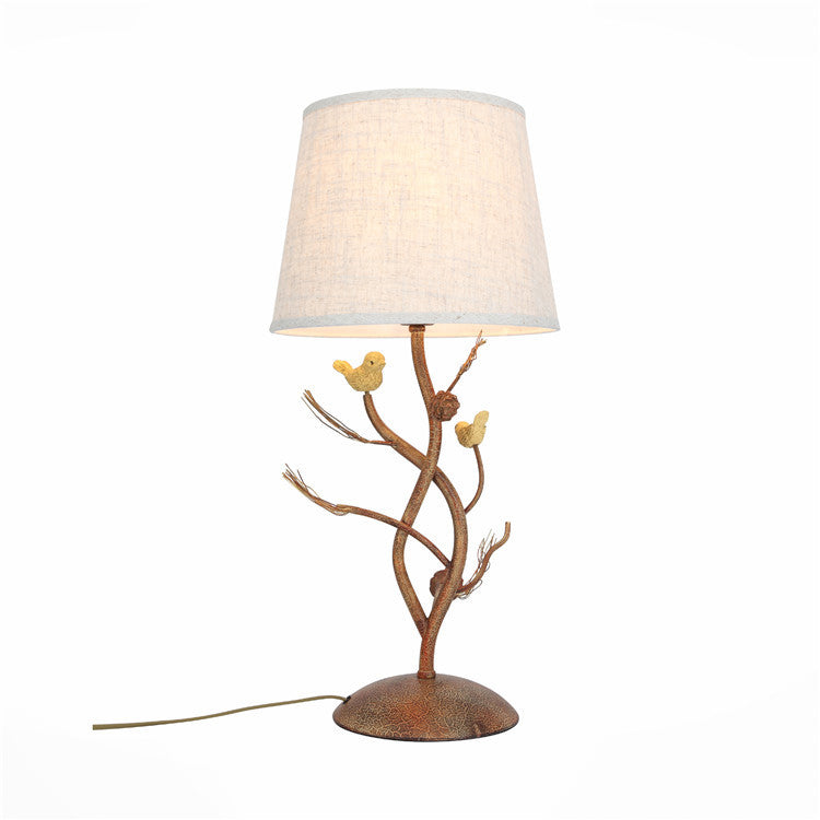Modern Art Deco Fabric Shade Pinecone Bird Iron Base 1-Light Table Lamp For Bedroom