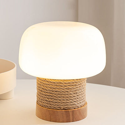 Lámpara de mesa de 1 luz de vidrio con forma de cilindro minimalista moderno de roble y cuerda para dormitorio 