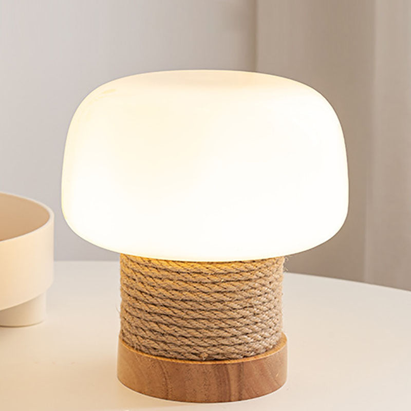 Lámpara de mesa de 1 luz de vidrio con forma de cilindro minimalista moderno de roble y cuerda para dormitorio 