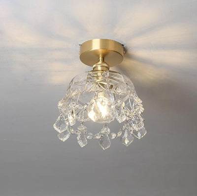 Modern Art Deco Brass Frame Crystal Round Glass Shade 1-Light Semi-Flush Mount Ceiling Light For Living Room