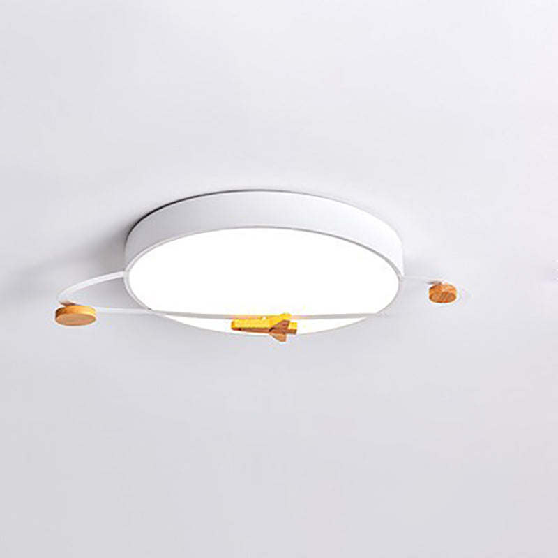 Contemporary Scandinavian Iron Acrylic Wood Round Planet Design LED Kids Flush Mount Ceiling Light For Bedroom