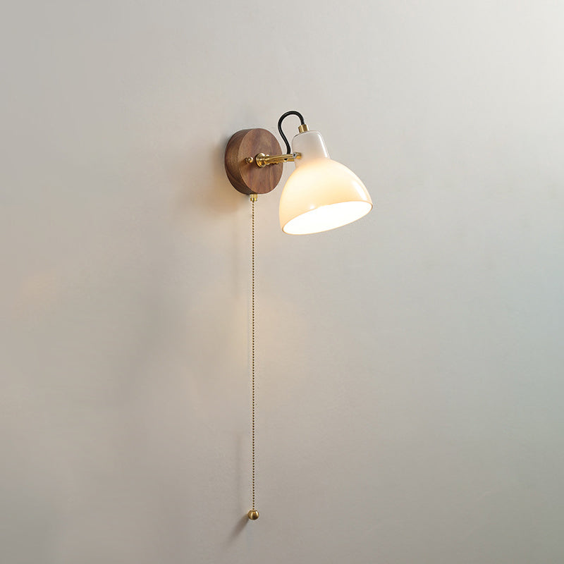 Lámpara Aplique de Pared de 1 Luz Cónica Redonda de Vidrio y Madera de Cobre de Simplicidad Contemporánea para la Mesita de Noche 