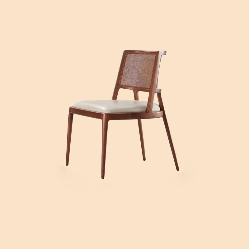Silla de comedor de madera tapizada en cuero de microfibra cuadrada retro contemporánea con respaldo de ratán para comedor 