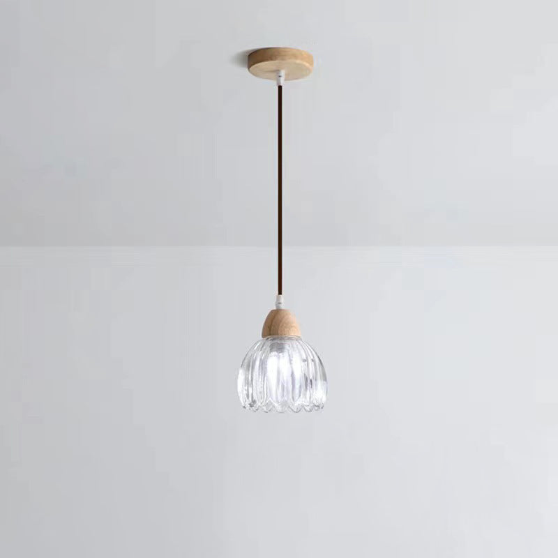 Traditional Japanese Rubber Wood Glass Flower 1-Light Pendant Light For Dining Room