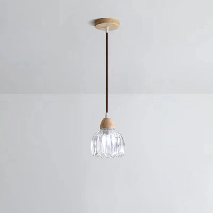 Traditional Japanese Rubber Wood Glass Flower 1-Light Pendant Light For Dining Room