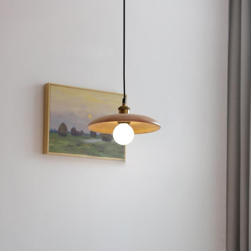 Traditional Japanese Disc Metal Original Wood 1-Light Pendant Light For Living Room
