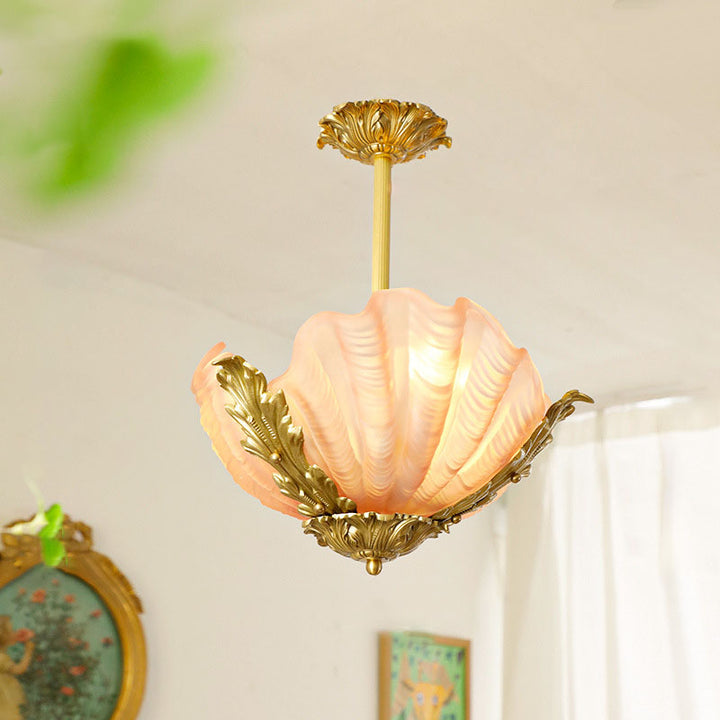 Traditional French Shell Brass Glass 3/4 Light Chandelier For Living Room