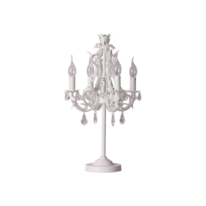 Lampe de table 4 lumières avec design de candélabre en perles de cristal, matériel blanc vieilli bohème contemporain pour chambre 