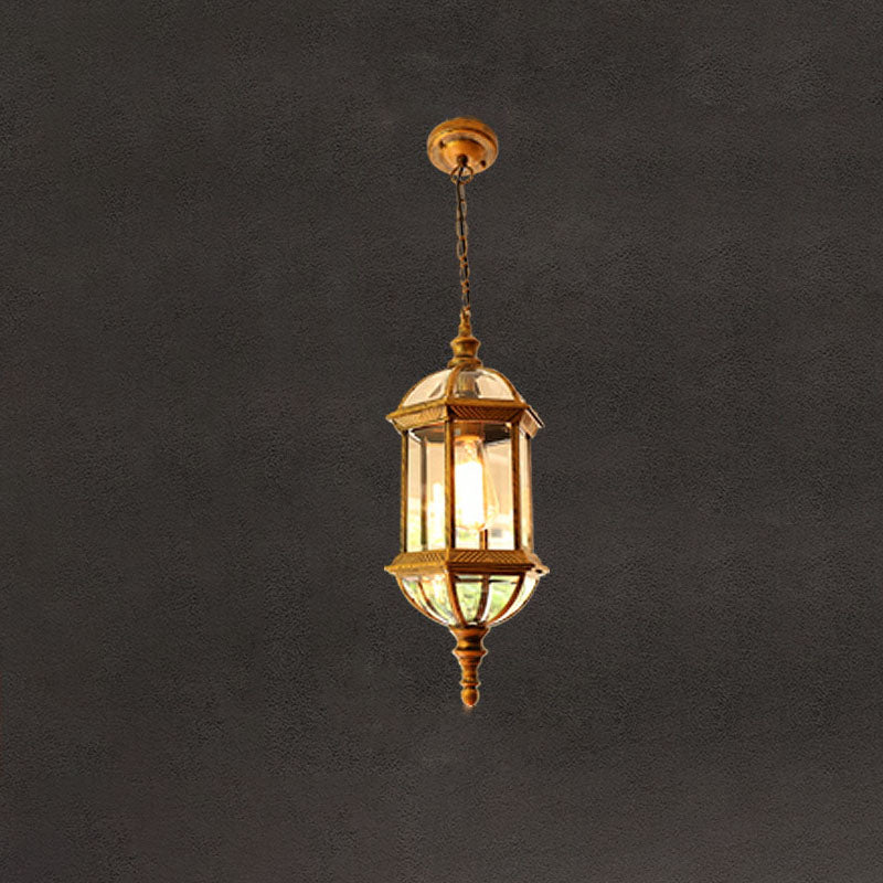 Zeitgenössische Retro sechseckige Laterne Glas Aluminium 1-Licht wasserdichte Pendelleuchte für Terrasse im Freien 