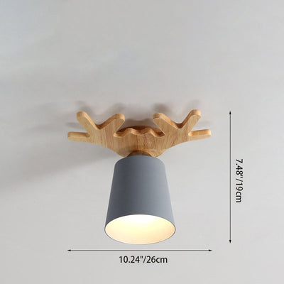 Modern Minimalist Antler Solid Wood Iron 1-Light Flush Mount Ceiling Light For Hallway