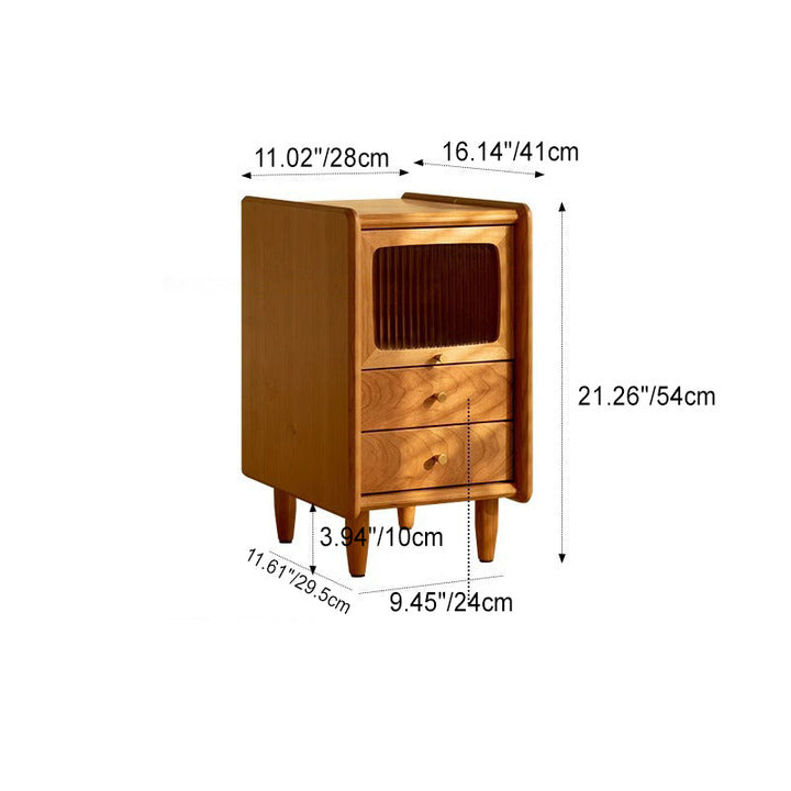 Traditional Japanese Rectangular Glass Cherry Wood Nightstand With 3-Drawer For Bedroom