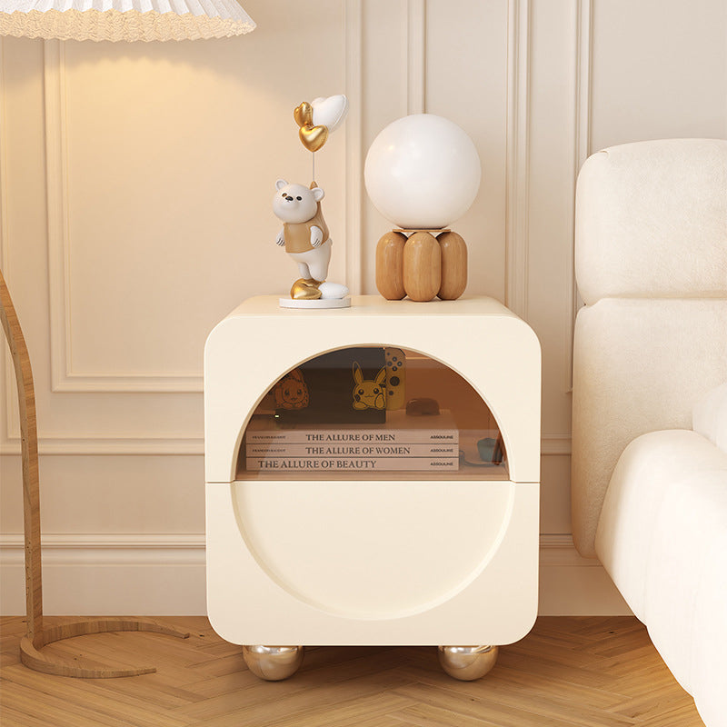 Table de chevet moderne minimaliste carrée en bois massif avec panneau de verre en acier inoxydable à 2 tiroirs pour chambre à coucher 