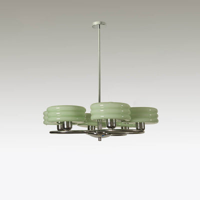 French Vintage Green Cream Glass Round Chrome Circle 6-Light Chandelier