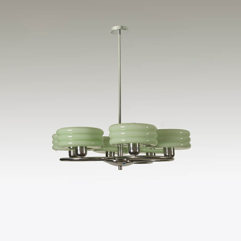 French Vintage Green Cream Glass Round Chrome Circle 6-Light Chandelier