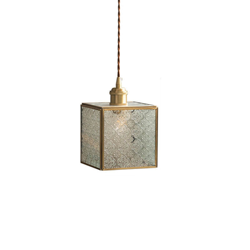 Traditional Vintage Clear Patterned Glass Cone Square Copper 1-Light Pendant Light for Living Room