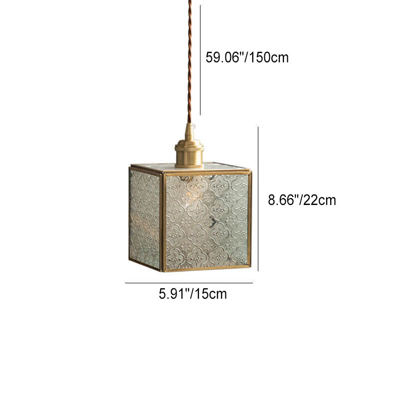 Traditional Vintage Clear Patterned Glass Cone Square Copper 1-Light Pendant Light for Living Room