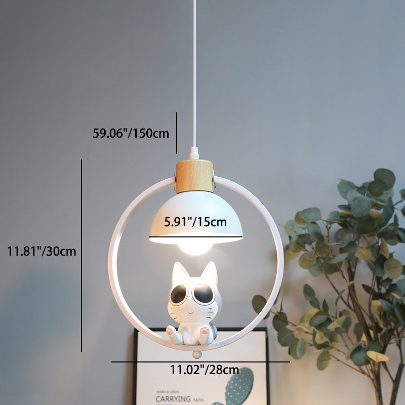 Suspension contemporaine en bois nordique fer résine ronde chat de dessin animé 1 lumière pour chevet 
