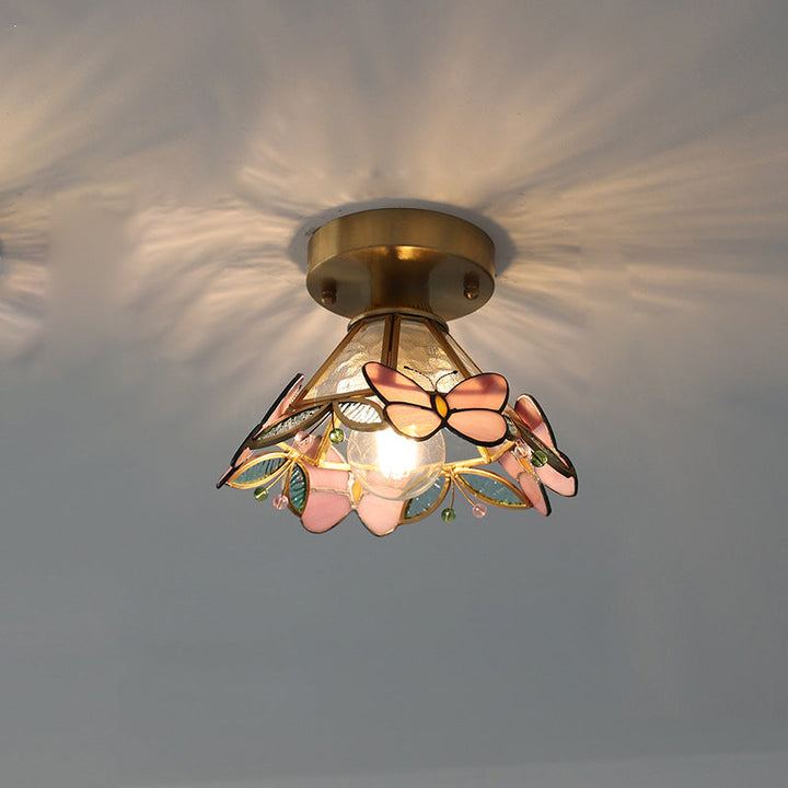 Plafonnier semi-encastré 1 lumière en laiton avec abat-jour en verre en forme de papillon vintage traditionnel pour salon 