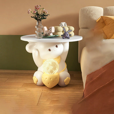 Moderner Art Deco Kinderhasen-Rundteller Rechteckige Schublade Harz Holz Emaille Nachttisch mit 1 Schublade und LED-Licht für das Schlafzimmer 