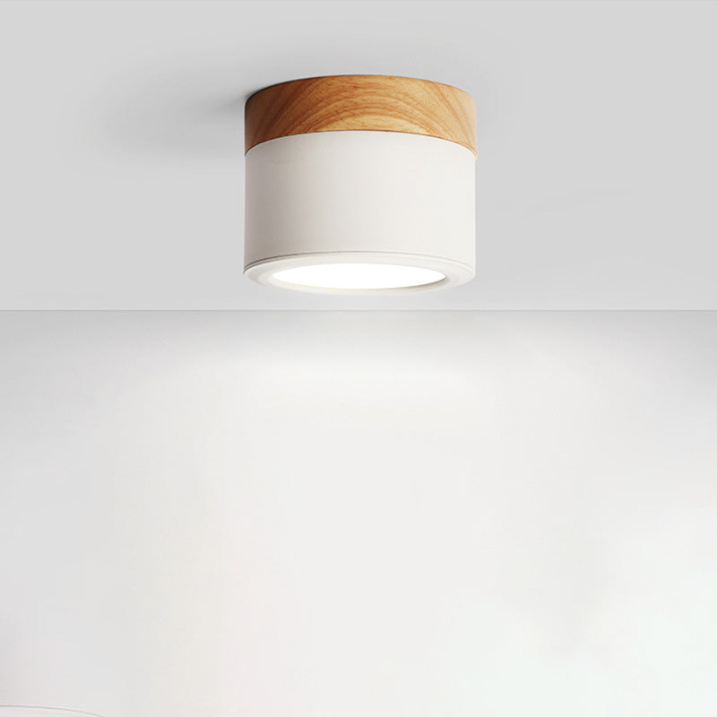 Luz de techo LED de montaje empotrado de cilindro de madera, hierro y acrílico escandinavo contemporáneo para pasillo 