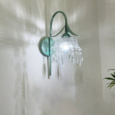 Zeitgenössische kreative Eisen Lotus Blume Glas Schatten Kristall 1-Licht Wandleuchte Lampe für Wohnzimmer 