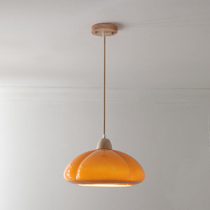 Contemporary Vintage Glass Pumpkin Shade Wood 1-Light Pendant Light For Living Room