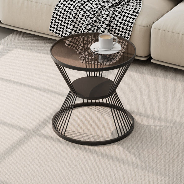 Mesa de café moderna minimalista redonda en forma de reloj de arena de vidrio y hierro de 2 niveles para sala de estar 