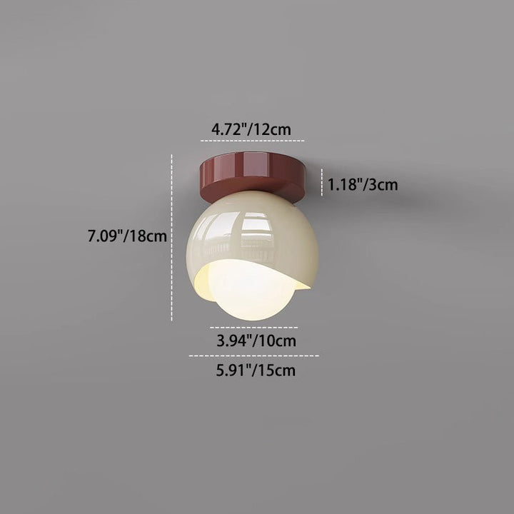 Plafonnier semi-encastré contemporain en fer crème français avec abat-jour sphérique en verre à 1 lumière pour couloir 